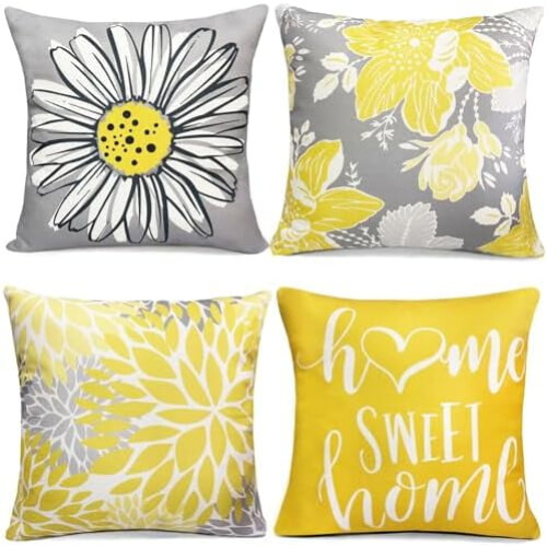 Conjunto de 4 capas de almofada decorativas amarelas de linho, 40x40 cm (16x16 polegadas) – Estilo rústico, boho, para áreas externas e