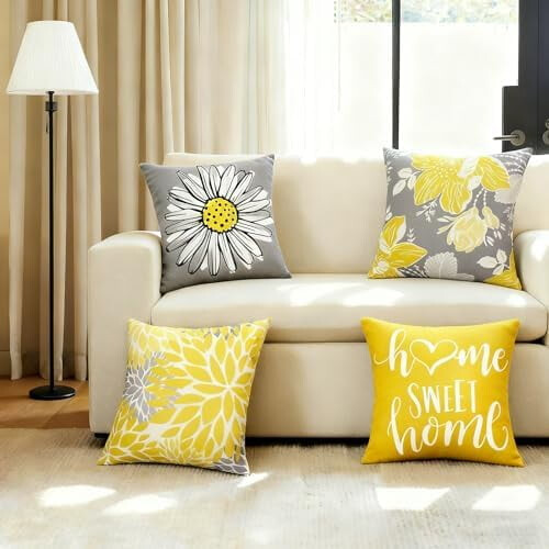 Conjunto de 4 capas de almofada decorativas amarelas de linho, 40x40 cm (16x16 polegadas) – Estilo rústico, boho, para áreas externas e 1