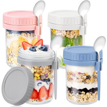 4er-Packung 16oz Glasbehälter für Overnight Oats mit Deckel und Löffeln – Auslaufsicher, geeignet für Meal Prep, Müsli, Joghurt, Salat