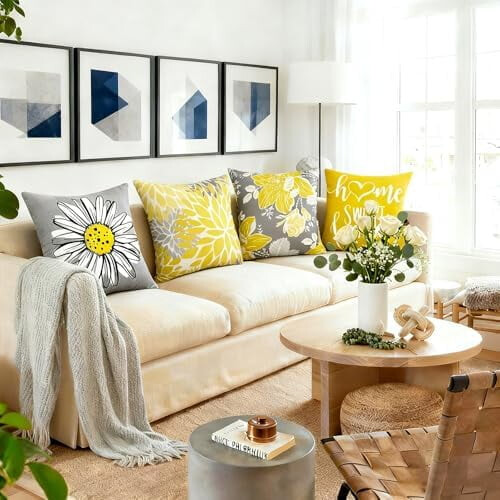 Conjunto de 4 capas de almofada decorativas amarelas de linho, 40x40 cm (16x16 polegadas) – Estilo rústico, boho, para áreas externas e 2