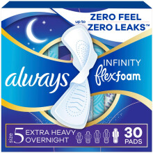 Always Infinity – Pack of 30 Flexfoam Sanitary Pads with Wings, Size 5, Extra Heavy Night Absorbency, Unscented, for Women