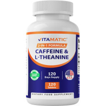 Vitamatic L-Theanine 200mg with Caffeine 100mg 120 Vegetarian Tablets - Nootropic Supplement for Focused Energy