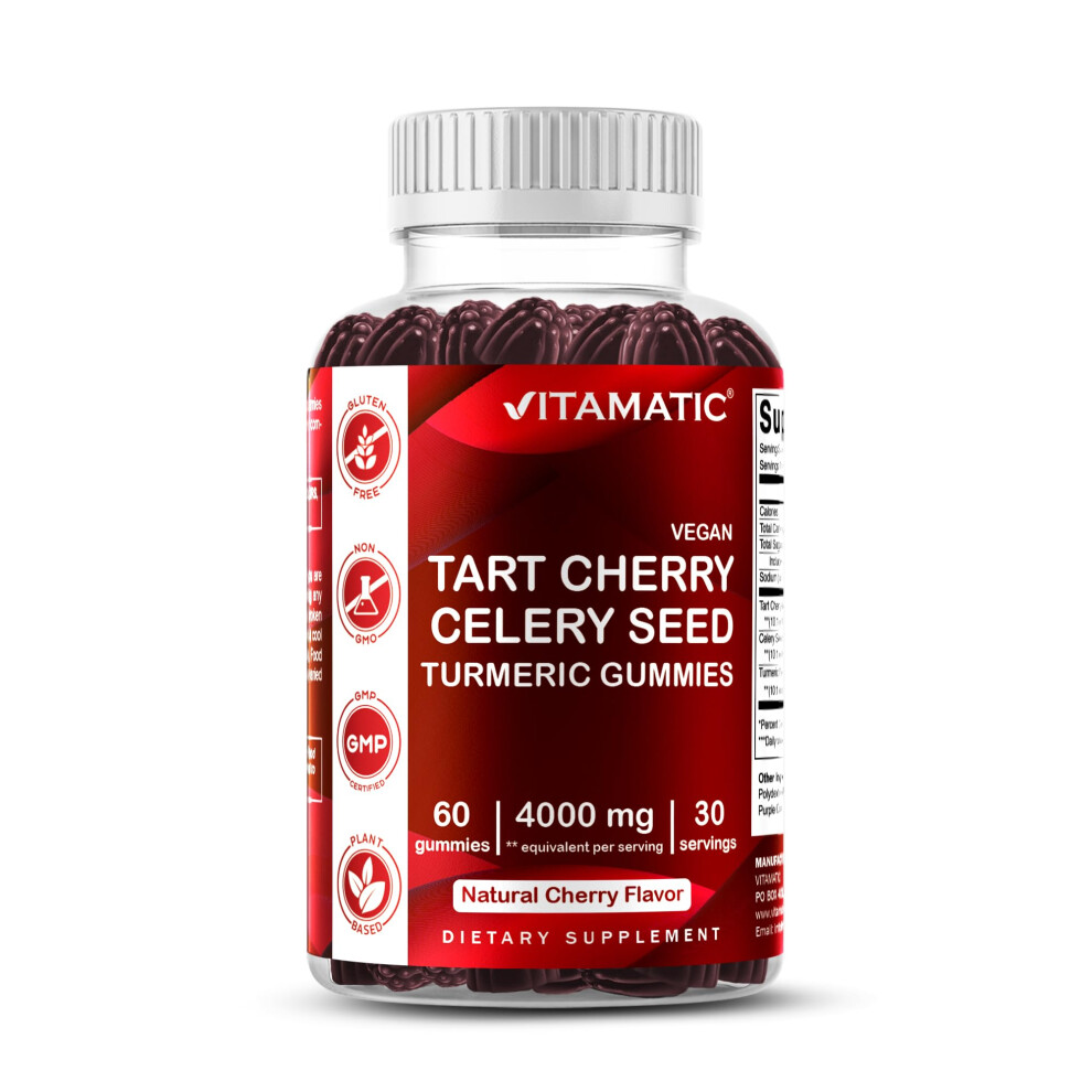 Vitamatic Tart Cherry With Celery Seed Gummies - 4000 Mg Serving - Powerful Uric Acid Cleanse For Joint Comfort, Healthy Sleep Cyc