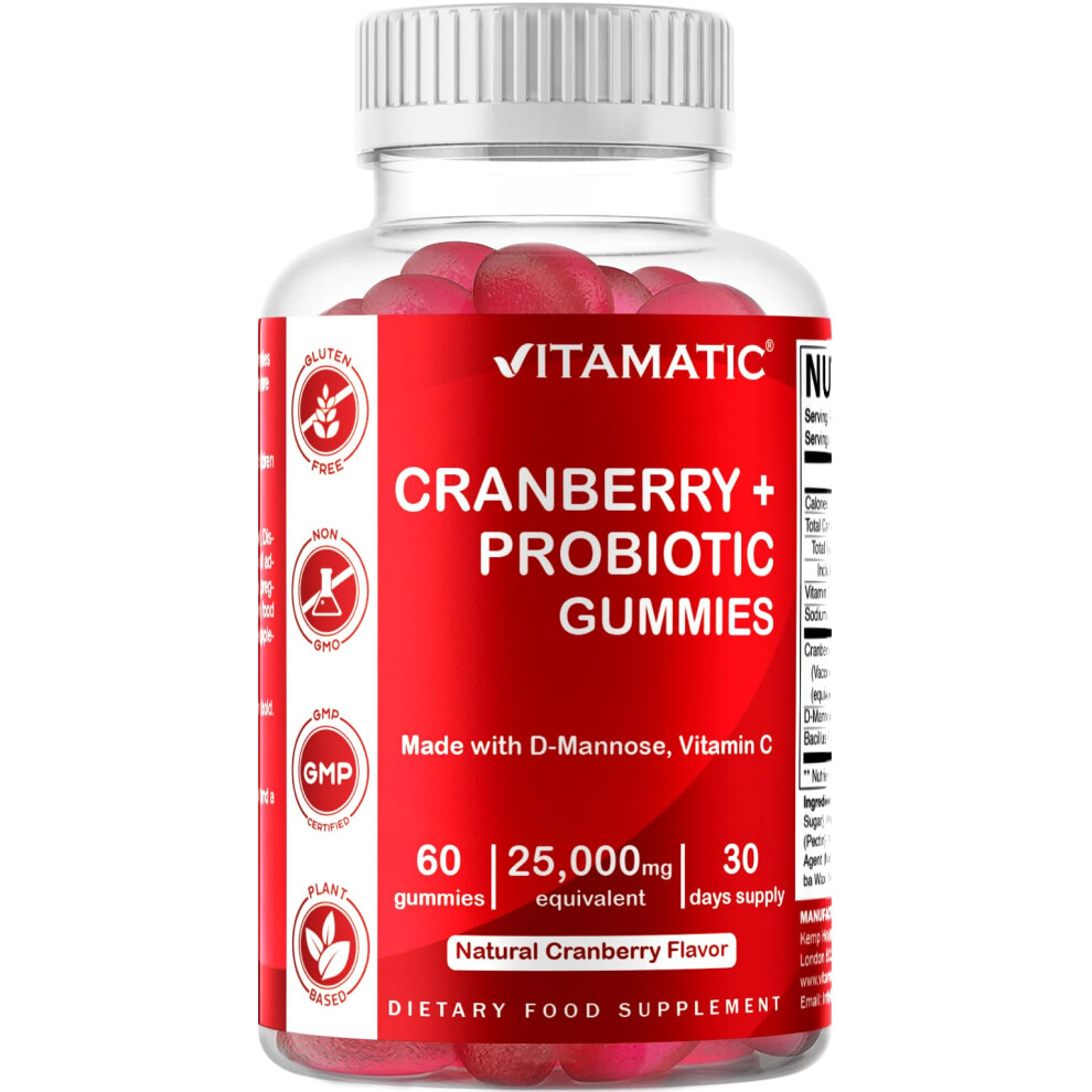 Vitamatic Vegan Cranberry Gummies With D-Mannose, Probiotic & Vitamin C For Women Urinary Tract Health - 25000 Mg Equivalent Per S