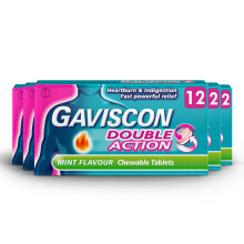 Gaviscon Double Action Mint Chewable Tablets for Heartburn & Indigestion Relief, 5 Packs of 12 (Total 60) - Fast-Acting, Soothing