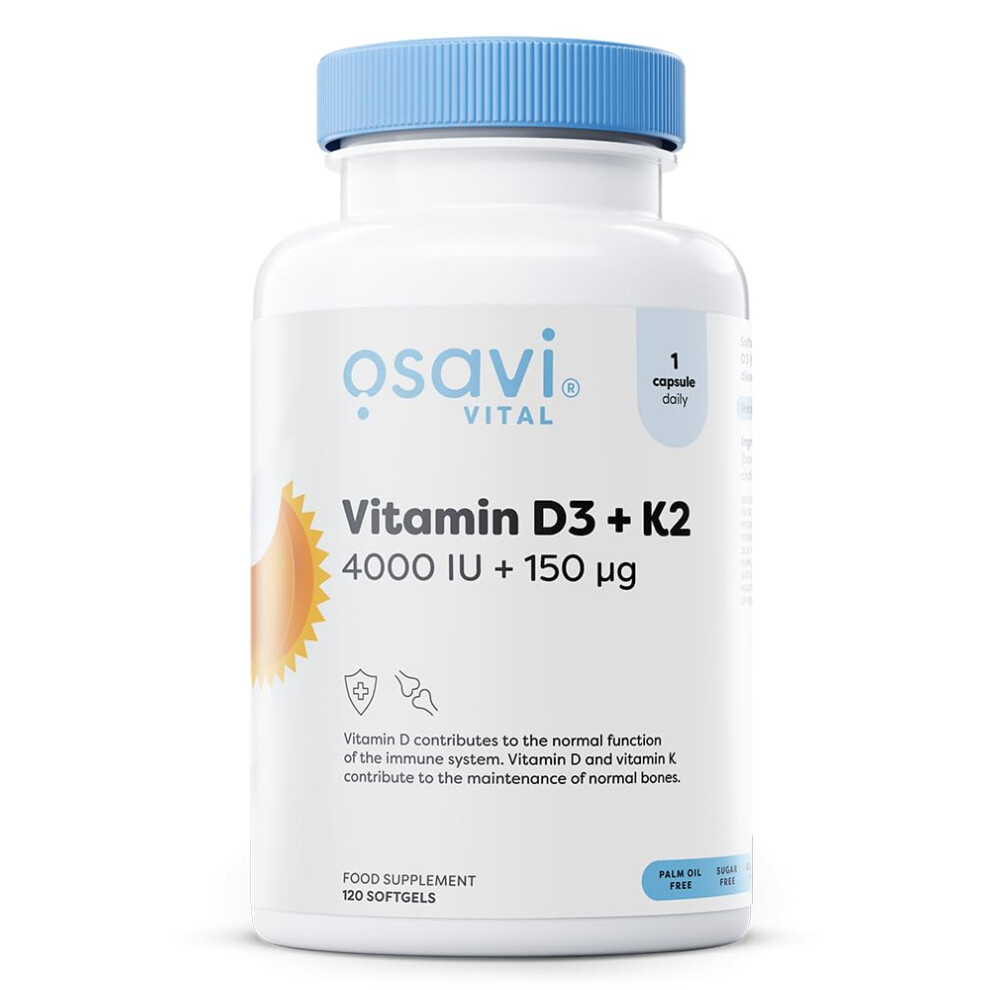Osavi Vitamin D3 + K2, 4000 Iu + 150 Î¼G Â 120 Softgels | Supports Bone, Teeth & Immune Health | HighâPotency Formula With QualiâD