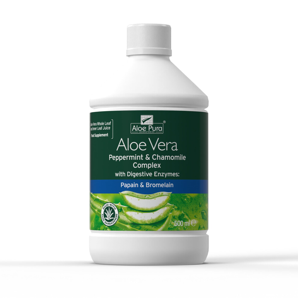Aloe Pura Aloe Vera Peppermint & Chamomile Juice, Natural, Vegan, Cruelty Free, Digestive Enzymes, Papian & Bromelain, Food Supple