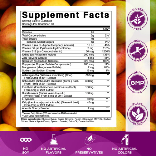 Thyroid Gummies with Iodine & Kelp, Apple, 60 Gummies, Vitamatic 1
