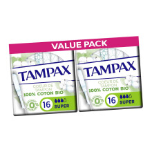 Tampax Cotton Protect Super Organic Tampons 32 Tampons (2 Packs of 16) – Organic Cotton Core with MotionFit Applicator and LeakGua