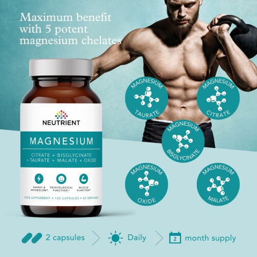 Neutrient Magnesium Complex Supplements - 120 Capsules Containing Four Powerful Bioactive Chelates Including Magnesium Taurate, Gl 1
