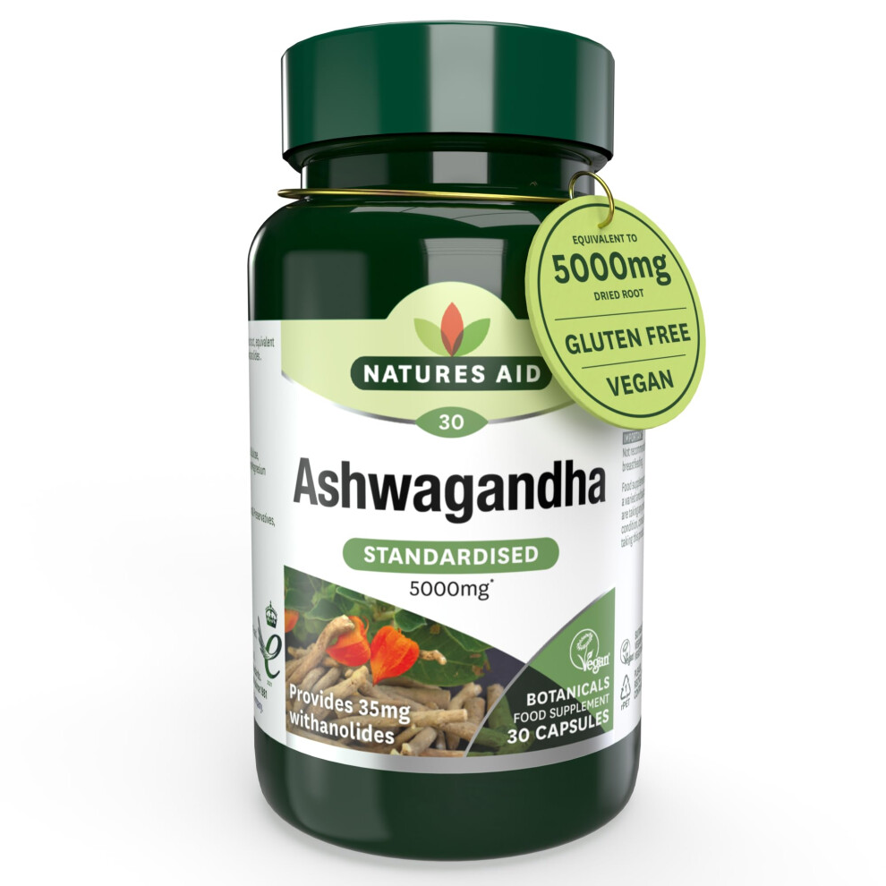 Natures Aid Ashwagandha 5000Mg - 30 Tablet Capsules - Natural Pure High Strength Ashwagandha Root Extract Supplement - Vegan Glute