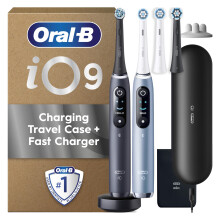 Oral-B iO Series 9 Electric Toothbrush Duo Pack (Black and Aqua Marine), 2 Rechargeable Toothbrushes with 4 Replacement Heads, Cha