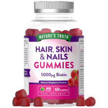 Hair, Skin, Nails Gummies | 5000µg Biotin, Vitamin C, E, Zinc, Iodine & More | Beauty Vitamins | for Women & Men | 60 Raspberry Gu