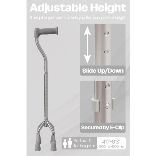 Aidapt Small‑Base Quad Cane/Tetrapod – Height‑Adjustable Walking Stick with Non‑Slip Rubber Ferrules, 10 Height Settings for Extra 2
