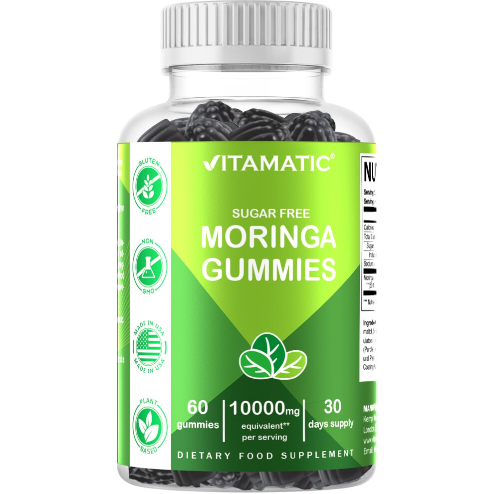 Vitamatic Green Sugar Free Moringa Gummies - 10000 Mg Equivalent Per Serving - Complete Superfood - 60 Pectin Based Gummies