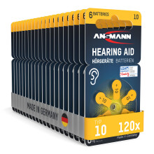ANSMANN Hearing Aid Batteries [Pack of 120] Size 10 Yellow Zinc Air Hearing-Aid Suitable for Hearing Aids, Sound Amplifier - 1.45V