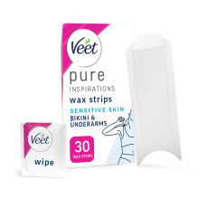 Veet Pure Cold Wax Strips for Bikini & Underarm, Sensitive Skin, 30 Count + 3 Wipes, Root Hair Removal, 28 Days Smoothness, Hypoal