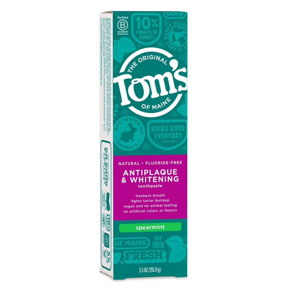 Tom's Of Maine Natural Antiplaque And Whitening Fluoride Free Toothpaste, Spearmint, 5.5 Ounce