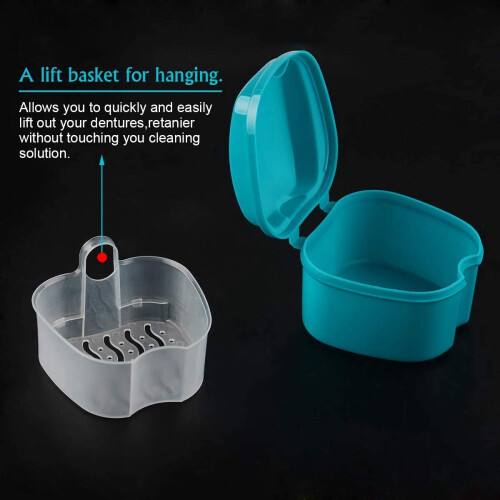 Denture Case, Denture Cup with Strainer, Denture Bath Box Teeth Storage Box with Basket Net Container Holder for Travel 2