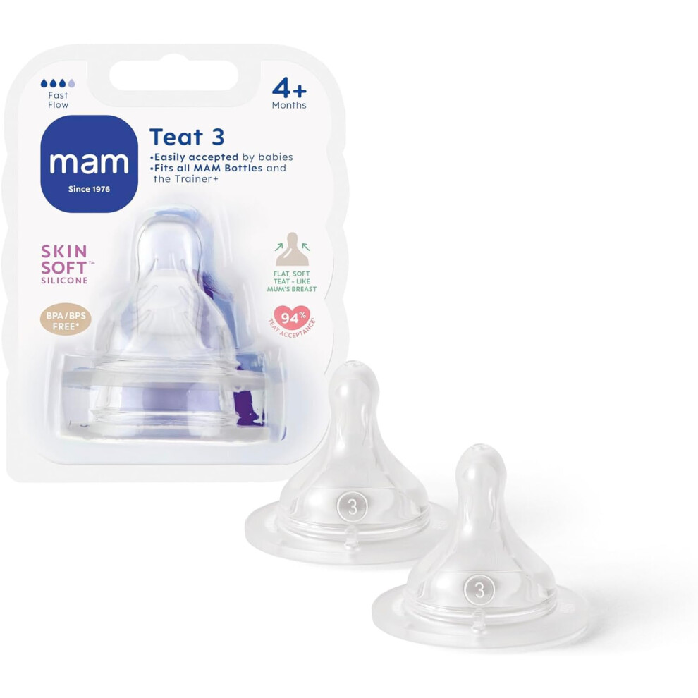Photos - Bottle Teat / Pacifier MAM Teats Size 3 | 2 Pack | Fast Flow | Suitable from 4+ Months | Fits All  Bottles | Made from SkinSoft Silicone | Baby 