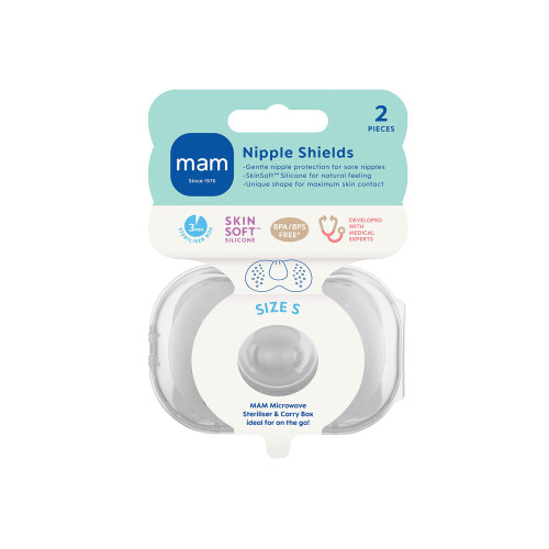 MAM MAM Nipple Shield | Small | 2 Pack | Comes in Sterilisable Travel Case | SkinSof 1