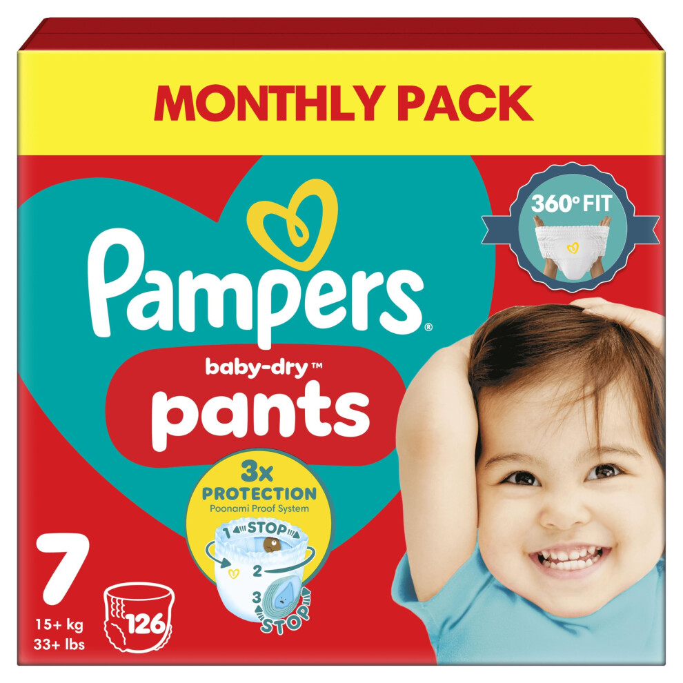 Pampers Baby-Dry Nappy Pants Size 7, 126 Nappies, 15Kg+, Monthly Pack, 360 Fit
