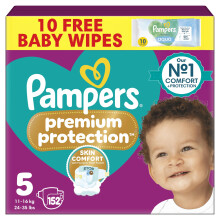 Pampers Premium Protection Size 5, 152 Baby Nappies, 11kg-16kg, Monthly Pack with Pampers Harmonie Aqua Baby Wipes 1 Pack of 10 Wipes