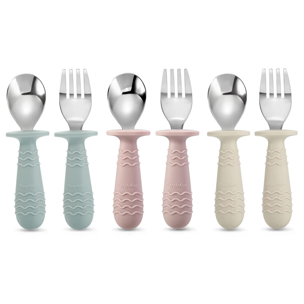 Pandaear 6 Pieces Baby Toddler Silicone Stainless Steel Utensils Silverware Spoon Fork For Baby Toddler Bpa Free With Silicone Holding Anti-Choke