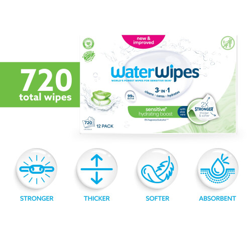WaterWipes WaterWipes Sensitive+ Hydrating Boost Wipes, 720 Count (12 Packs), 1