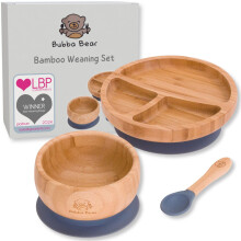 Bubba Bear Baby Bamboo Suction Bowl, Plate & Spoon Set | Stay Put Toddler Led Feeding Bowls & Plates | Free Guide to Weaning