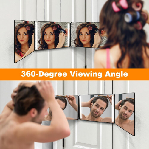 Self Haircut Mirror 360 Panoramic View WallMounted 3 Panel with Touch LED Lights Black 1