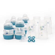 MAM Anti-Colic Bottle and Dummy Set, 10 Pieces, Blue (Designs Vary) | Includes 8x Feeding Bottles and MAM Original Start 0-2 Month Soother