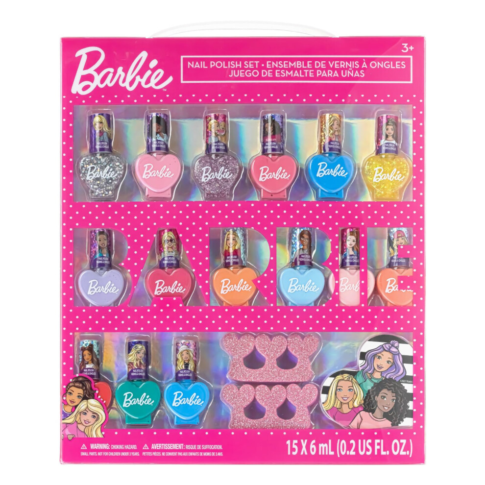 Townley Girl Barbie 18 Piece Set Kids Water Based Nail Polish Makeup Set, Includes 15 Nail Polishes With 2 Toe Spacer And 1 Nail File For Girls Ages 3+ By Townley