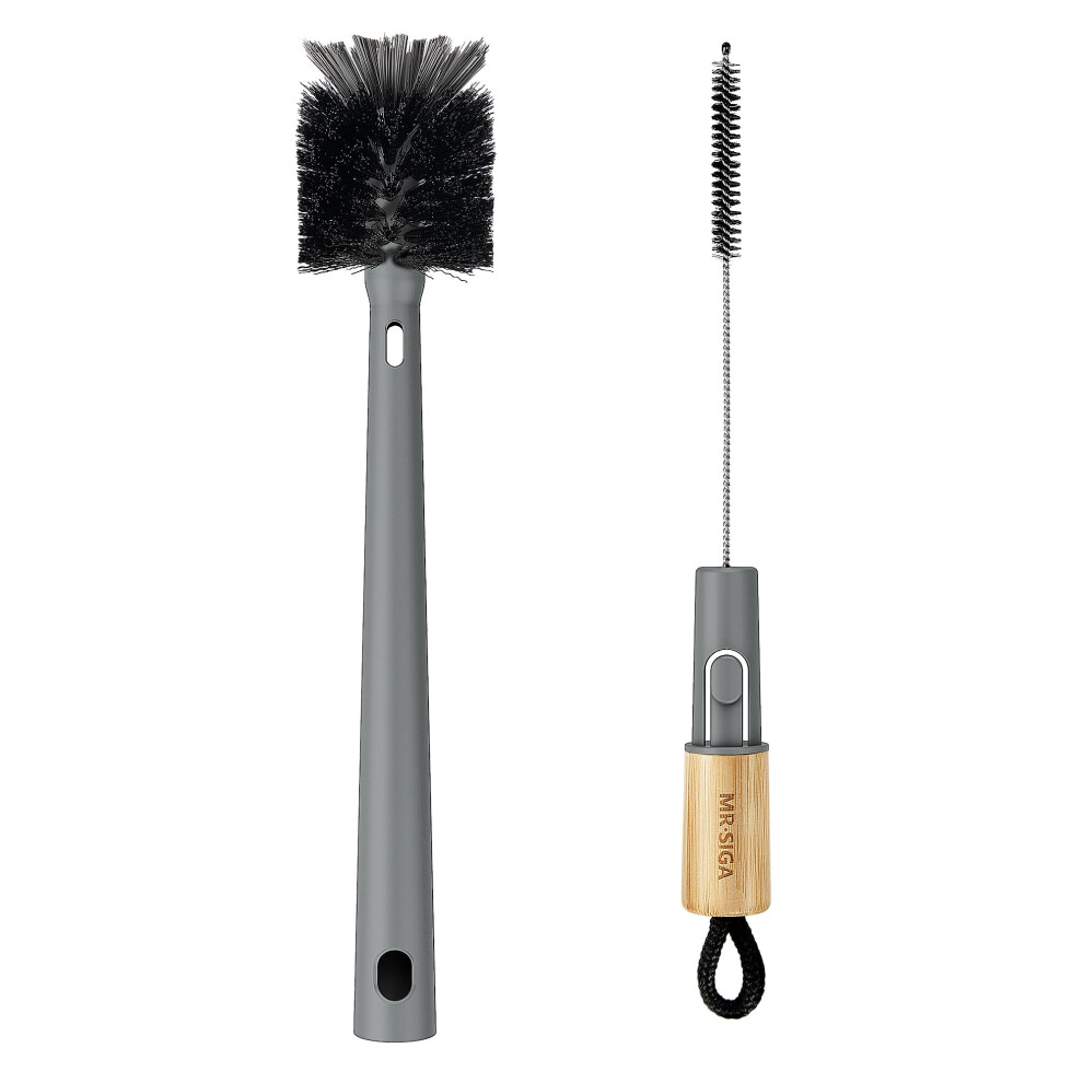 Mr.siga Bottle Brush, 2 In 1 Straw Cleaner Brush With Bamboo Handle, Flexible Bottle Cleaner For Glasswares, Mugs, Straw, Glass Cup, Grey