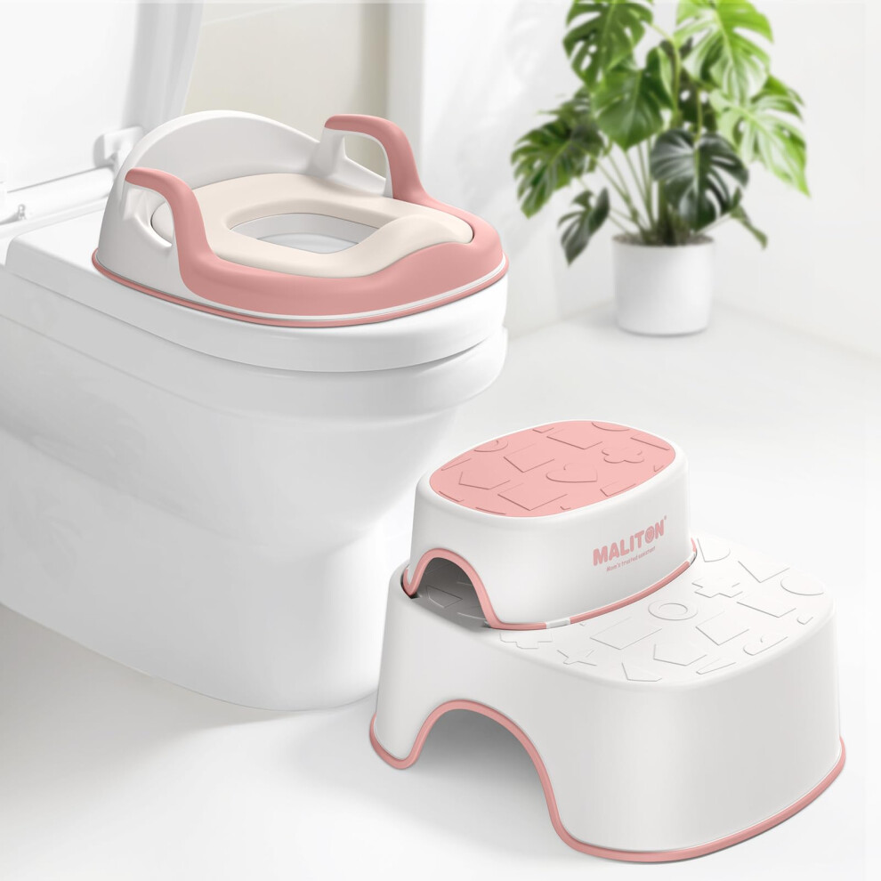 Maliton Toddler Toilet Seat With 2 Step Stool, Potty Training Toilet Seat With Handles|Splash Guard|Anti-Slip, Soft Surface Secure Fit Toilet Seat To