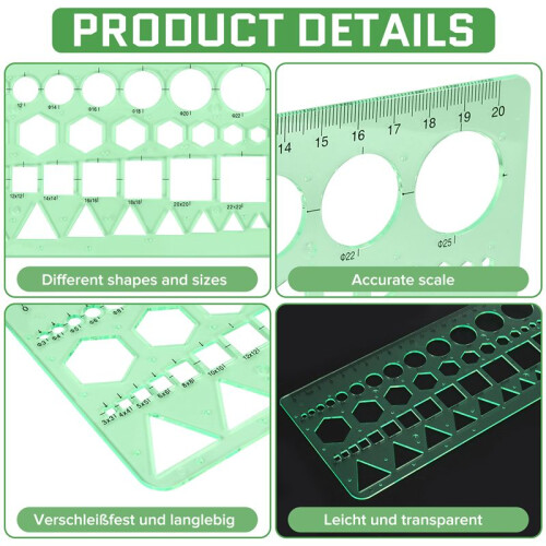 Green Plastic Circles Squares Hexagons Geometric Template Ruler 0-20cm 1