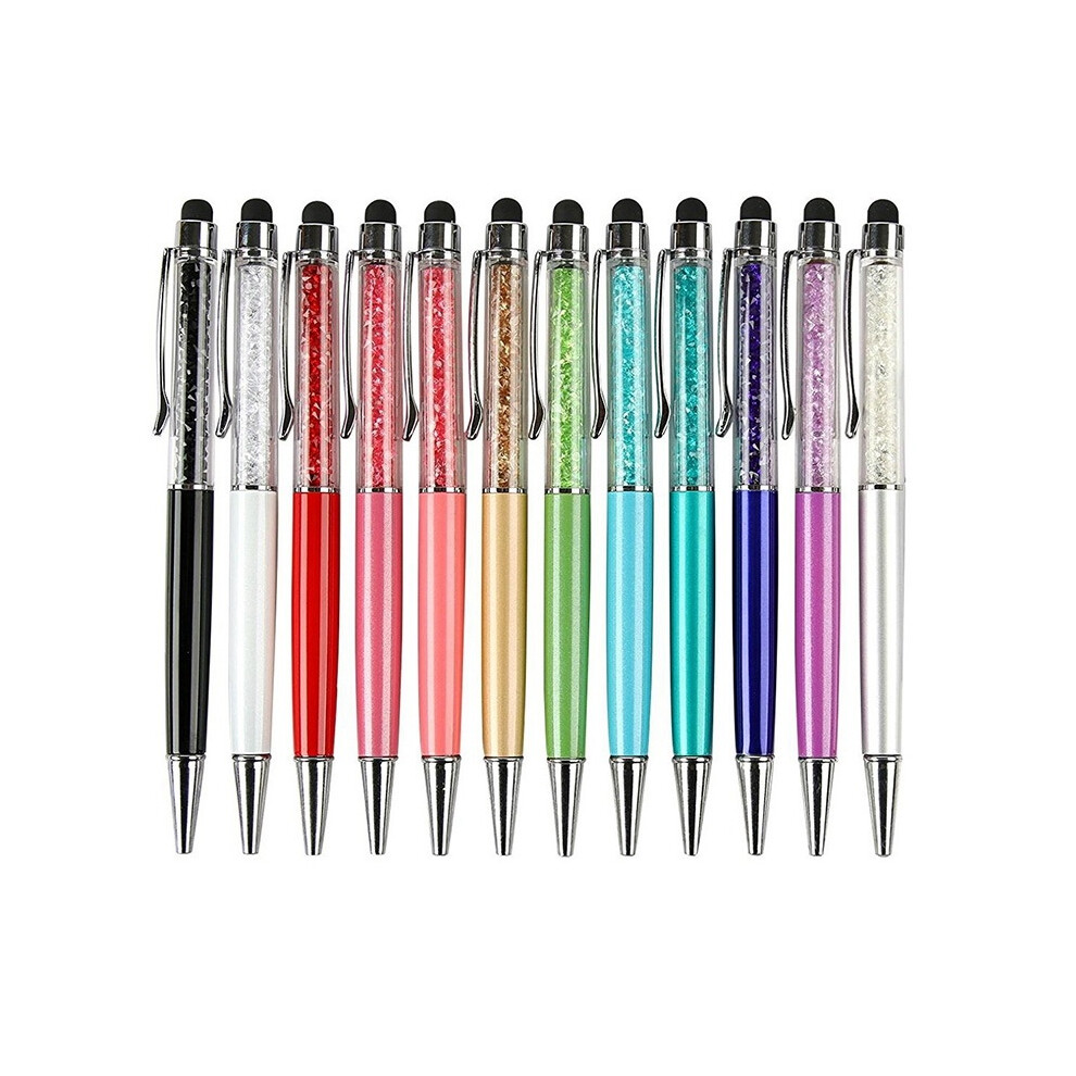 12Pcs/Pack Bling Bling 2-In-1 Slim Crystal Diamond Stylus Pen And Ink Ballpoint Pens (12 Colors) Black 6031816373211