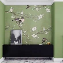 Superfresco Easy Birds & Blossom Green Print To Order 3m x 2.8m Mural | Wallpaper Roll