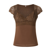 (S, Brown) Women 1/4 Sleeve T-Shirts Lace Sweetheart Neckline Slim Fit Shirts Summer Fashion Tops Streetwear