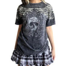 (L, Black Grey) Women's Round Neck T-Shirts, Gothic Short Sleeve Skull Wings Print Relaxed Fit Tops