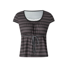 (M, Brown) Women's Summer A-line Tops Short Sleeve U Neck Lace Trim Tie Up Striped T-shirts
