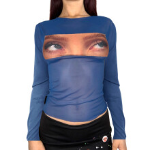 (S, Blue) Women Long Sleeve Mesh T-Shirts Eye Print Crew Neck Shirts Spring Autumn Casual Slim Fit Tops Streetwear