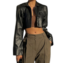 (M, Black) Veste en cuir femme, courte, unie, décontractée, manches longues, boutonnière, vêtement extérieur automnal