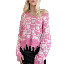 (L, Pink) Pull ample à manches longues pour femme, motif cœur, col en V, pompons, idéal pour la Saint-Valentin, automne-hiver.