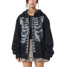 (M, Black) Abrigo negro informal con capucha, cremallera y estampado de calavera para mujer, manga larga, primavera y otoño