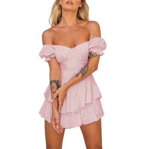 (L, Pink) Γυναικεία κοντή φόρμα με κοντά μανίκια και ώμους για το Party Club 2