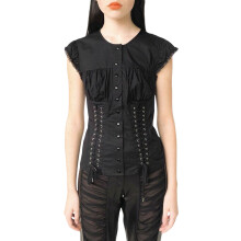 (M, Black) Women Lace Tops, 1/4 Sleeve Round Neck Ruffle Buttons Party Casual Spring Summer Black Shirt