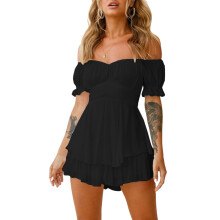 (M, Black) Tuta corta da donna, a maniche corte, con spalle scoperte, tinta unita, ideale per l'estate, feste e club.