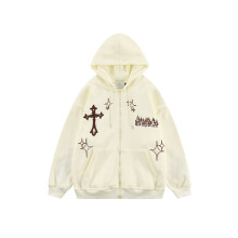 (L, White) Cappotto da donna, maniche lunghe, cappuccio, cerniera, tasche, cardigan primaverile casual da strada per feste
