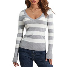 (M, Gray White) Haut à manches longues pour femme, col V rayé, décontracté, idéal pour sorties et streetwear.
